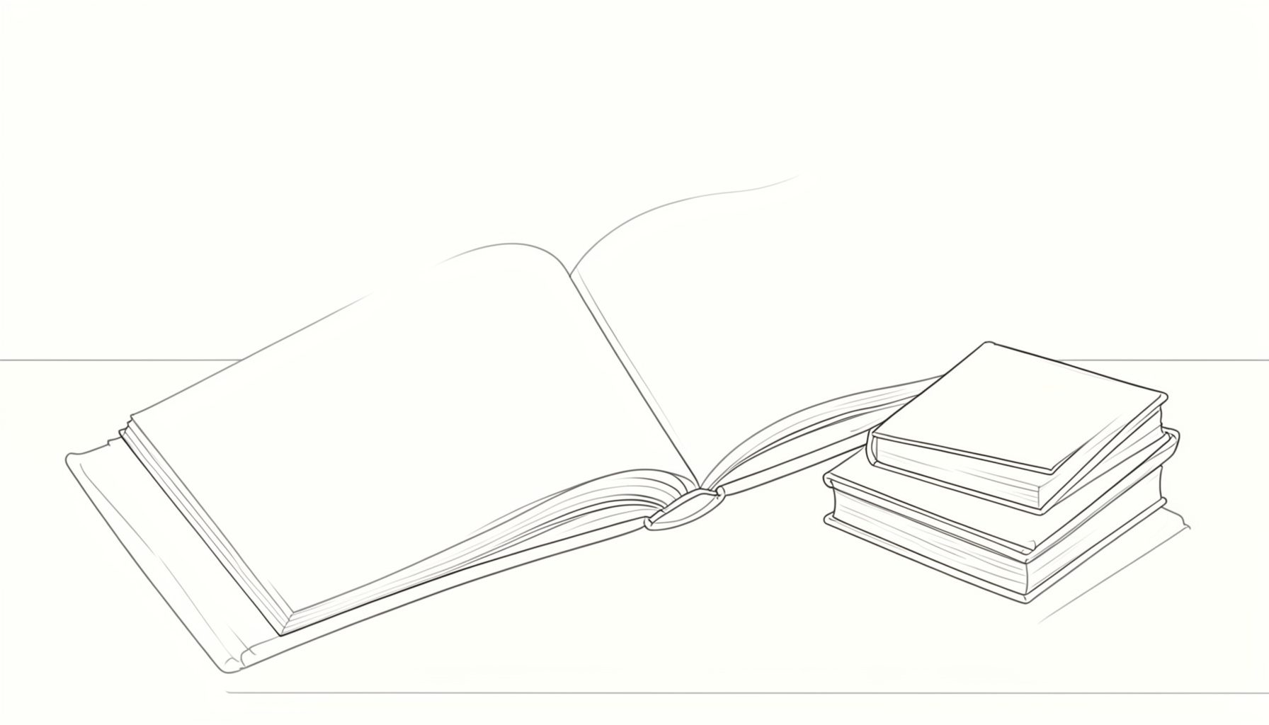 A minimal line drawing of an open dictionary beside a small stack of books on a desk, with soft grey and cream tones conveying a quiet scholarly atmosphere.